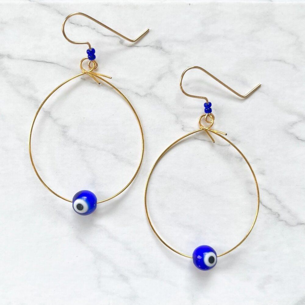 Gold Wire Tear Drop Earrings with Indigo Dark Blue Evil Eye Glass Bead